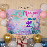Personalized Mermaid 2nd Birthday Silk Banner with Name, Under the Sea Party Decor for Toddler Girls, Custom Birthday Celebration Sign