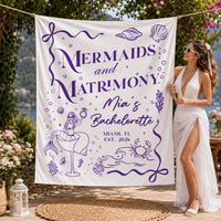Personalized Mermaid Bachelorette Party Banner with Coastal Purple Design, Custom Name and Date Silk Backdrop for Beach Celebrations