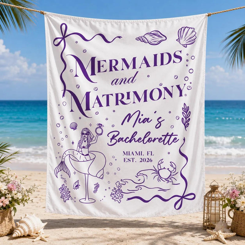 Personalized Mermaid Bachelorette Party Banner with Coastal Purple Design, Custom Name and Date Silk Backdrop for Beach Celebrations