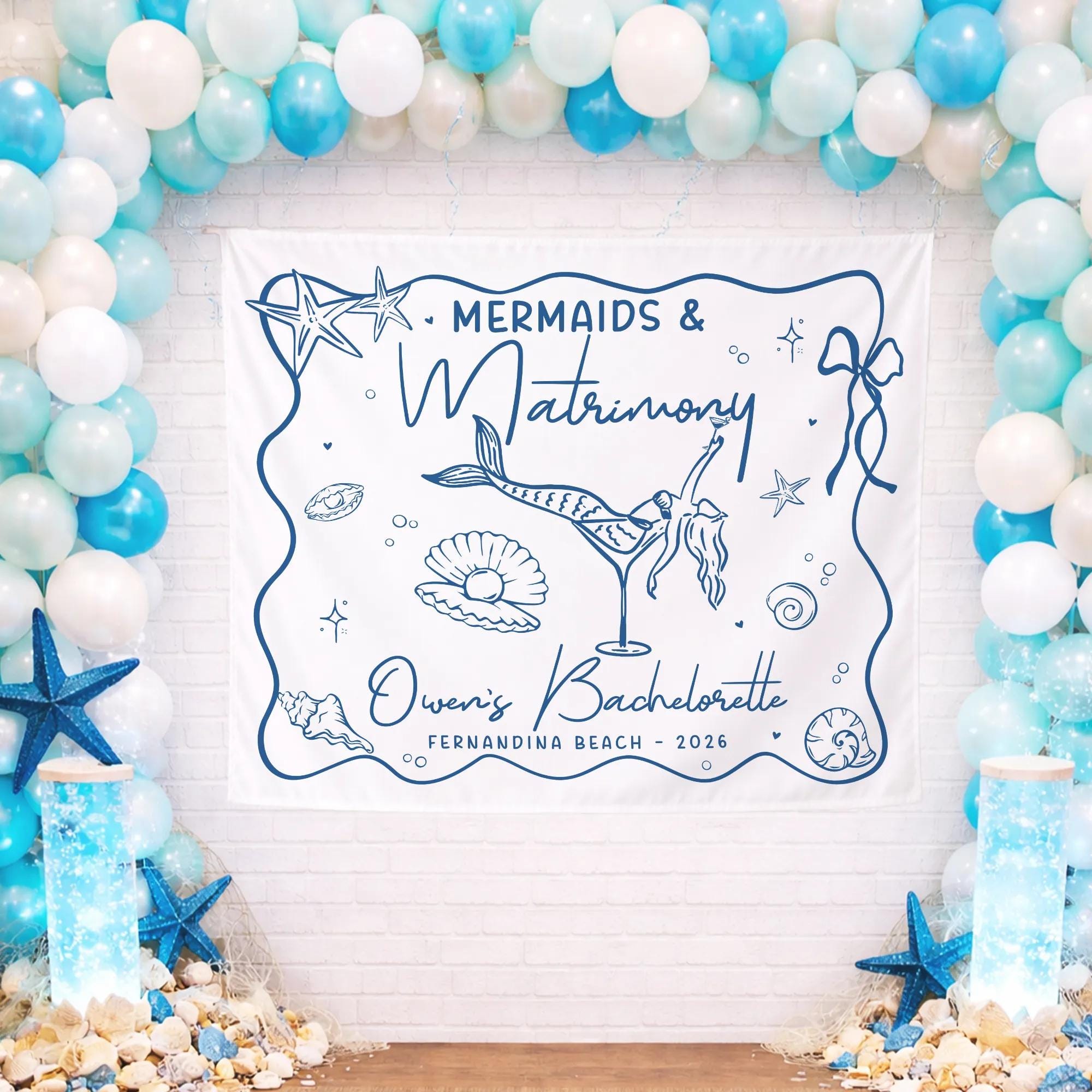 Personalized Mermaid Bachelorette Party Banner Nautical Bridal Shower Decor Custom Mermaids and Matrimony Backdrop for Beach Wedding