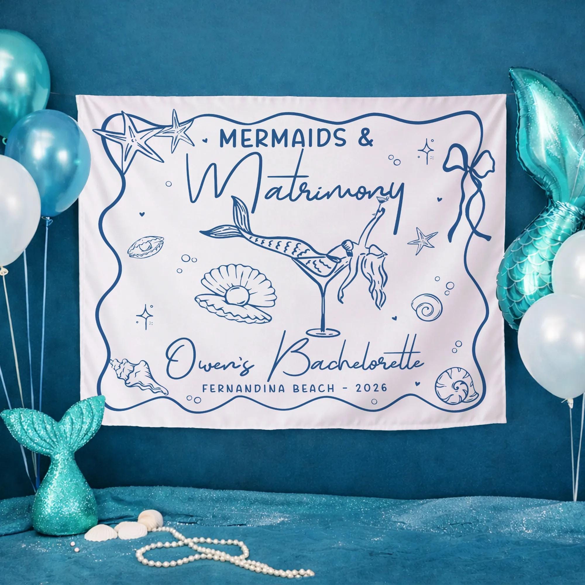 Personalized Mermaid Bachelorette Party Banner Nautical Bridal Shower Decor Custom Mermaids and Matrimony Backdrop for Beach Wedding