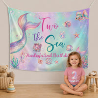 Personalized Mermaid Birthday Backdrop and Toddler T-Shirt for Second Party, Custom Pastel Silk Decoration with Iridescent Scale Design