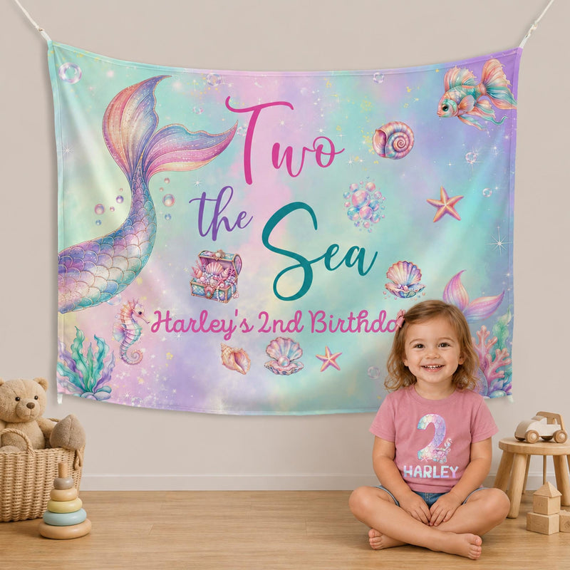 Personalized Mermaid Birthday Backdrop and Toddler T-Shirt for Second Party, Custom Pastel Silk Decoration with Iridescent Scale Design