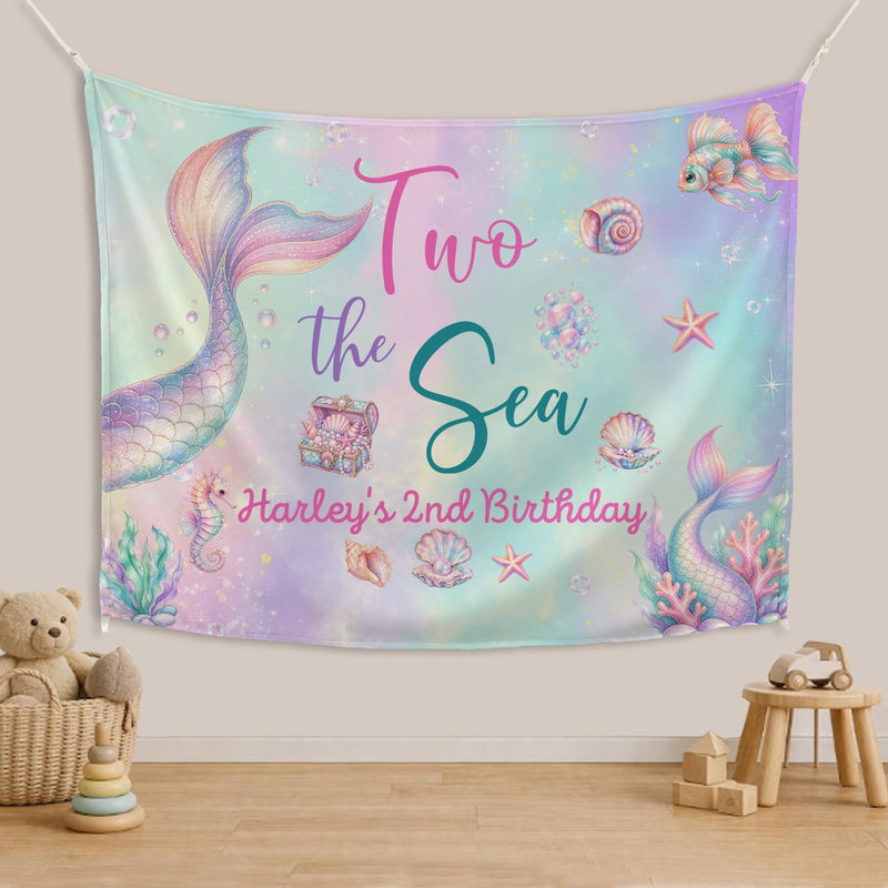Personalized Mermaid Birthday Backdrop and Toddler T-Shirt for Second Party, Custom Pastel Silk Decoration with Iridescent Scale Design