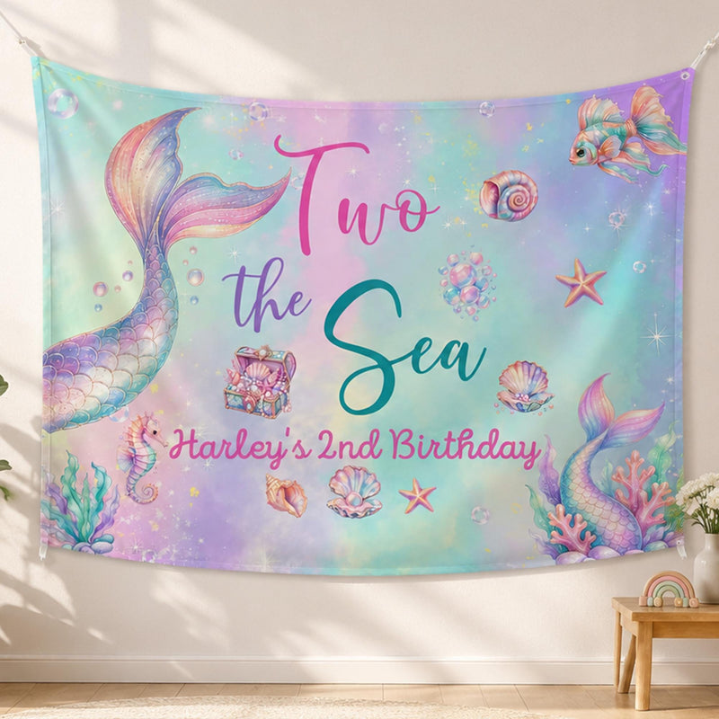 Personalized Mermaid Birthday Backdrop and Toddler T-Shirt for Second Party, Custom Pastel Silk Decoration with Iridescent Scale Design