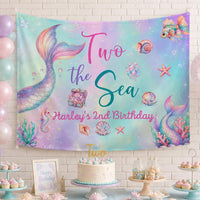 Personalized Mermaid Birthday Backdrop and Toddler T-Shirt for Second Party, Custom Pastel Silk Decoration with Iridescent Scale Design