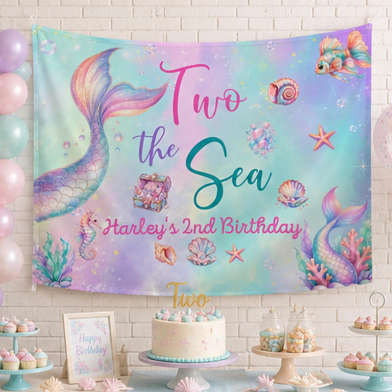 Personalized Mermaid Birthday Backdrop and Toddler T-Shirt for Second Party, Custom Pastel Silk Decoration with Iridescent Scale Design