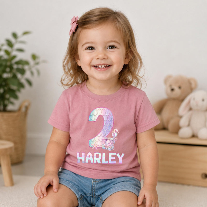 Personalized Mermaid Birthday Backdrop and Toddler T-Shirt for Second Party, Custom Pastel Silk Decoration with Iridescent Scale Design