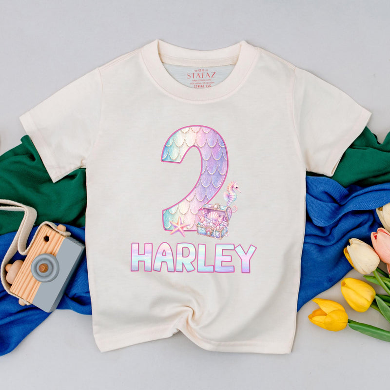 Personalized Mermaid Birthday Backdrop and Toddler T-Shirt for Second Party, Custom Pastel Silk Decoration with Iridescent Scale Design
