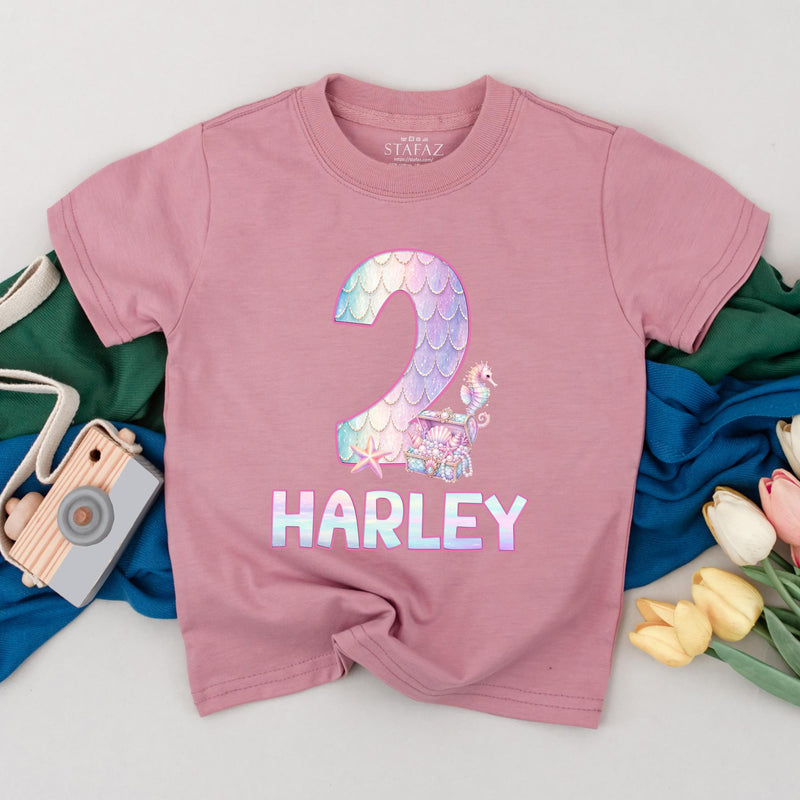 Personalized Mermaid Birthday Backdrop and Toddler T-Shirt for Second Party, Custom Pastel Silk Decoration with Iridescent Scale Design