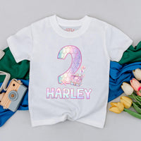 Personalized Mermaid Birthday Backdrop and Toddler T-Shirt for Second Party, Custom Pastel Silk Decoration with Iridescent Scale Design