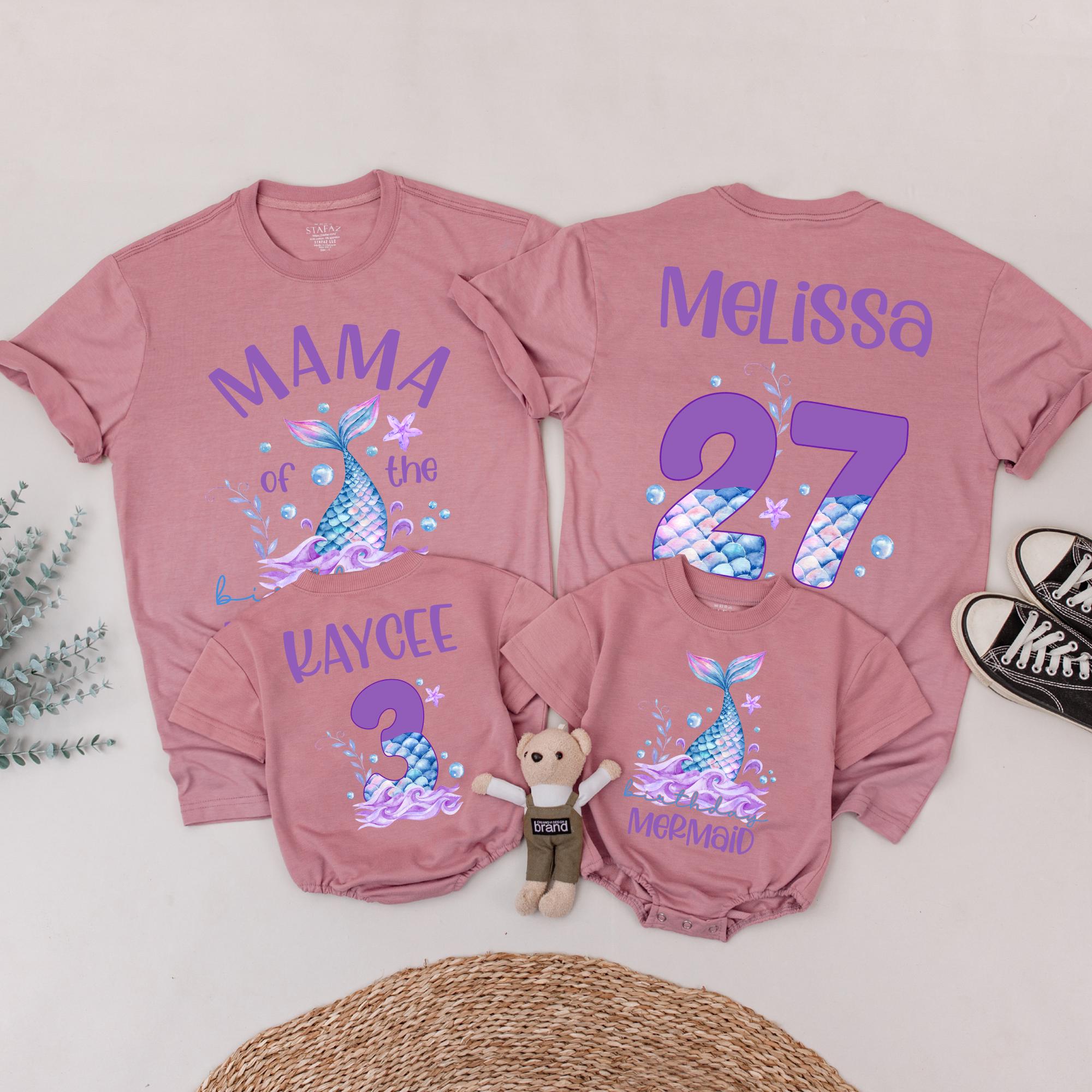 Personalized Mermaid Birthday Family Shirts Custom Names Vibrant Design Matching Outfit for Girl Party Celebrations Comfortable Cotton Tee