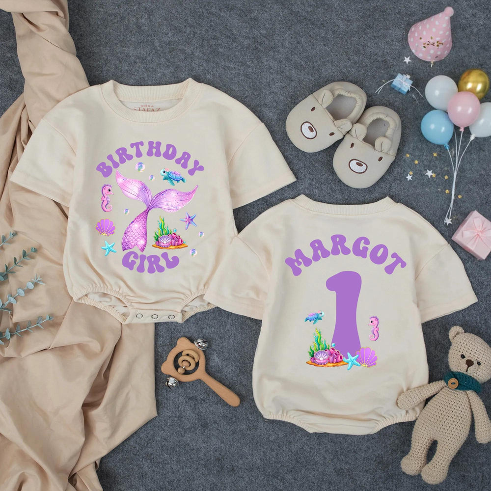 Personalized Mermaid Birthday Girl Romper with Glittery Purple Tail First Birthday Outfit Baby Toddler Ocean Theme Party Clothes