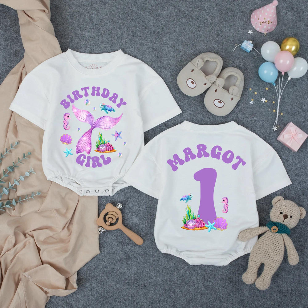Personalized Mermaid Birthday Girl Romper with Glittery Purple Tail First Birthday Outfit Baby Toddler Ocean Theme Party Clothes