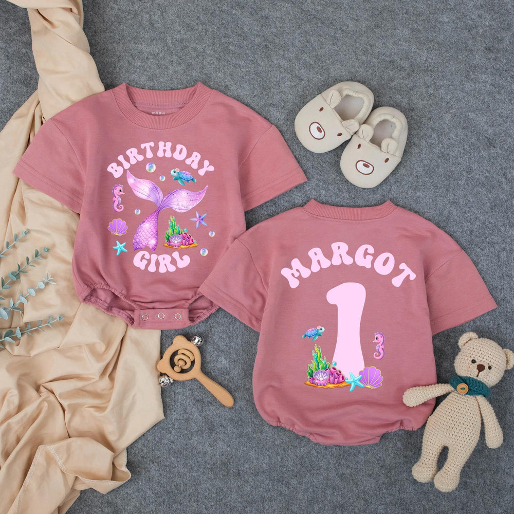 Personalized Mermaid Birthday Girl Romper with Glittery Purple Tail First Birthday Outfit Baby Toddler Ocean Theme Party Clothes
