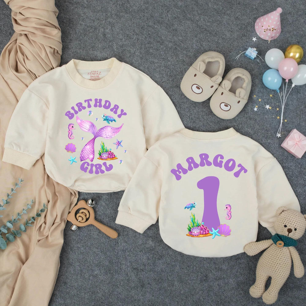 Personalized Mermaid Birthday Girl Romper with Glittery Purple Tail First Birthday Outfit Baby Toddler Ocean Theme Party Clothes