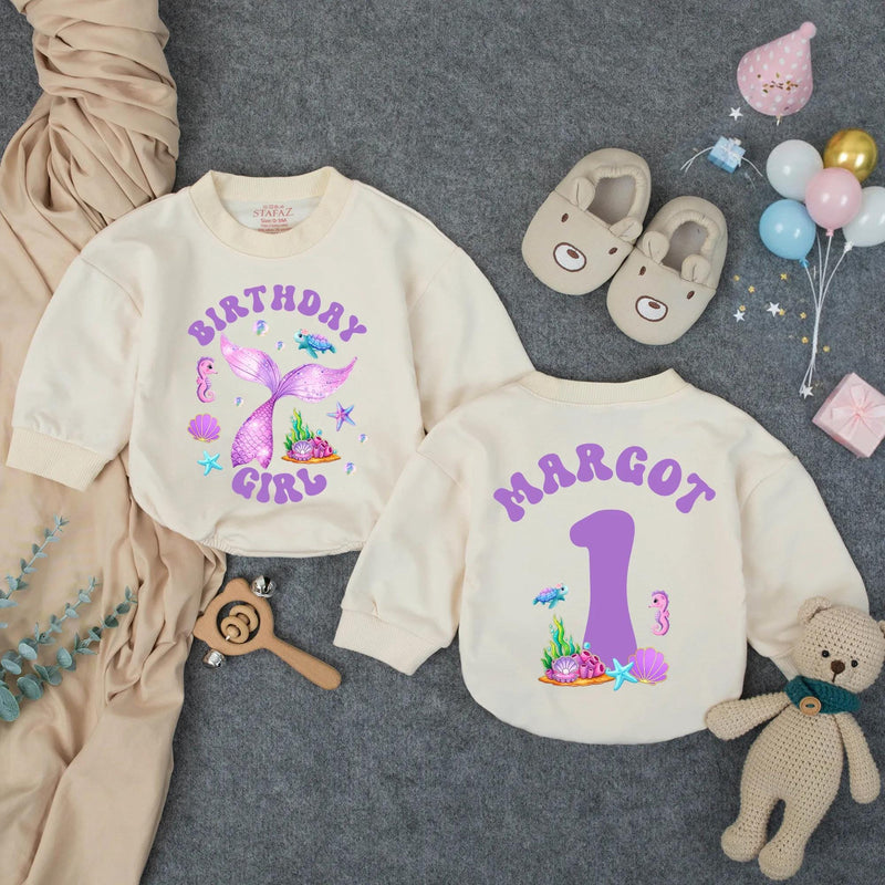 Personalized Mermaid Birthday Girl Romper with Glittery Purple Tail First Birthday Outfit Baby Toddler Ocean Theme Party Clothes