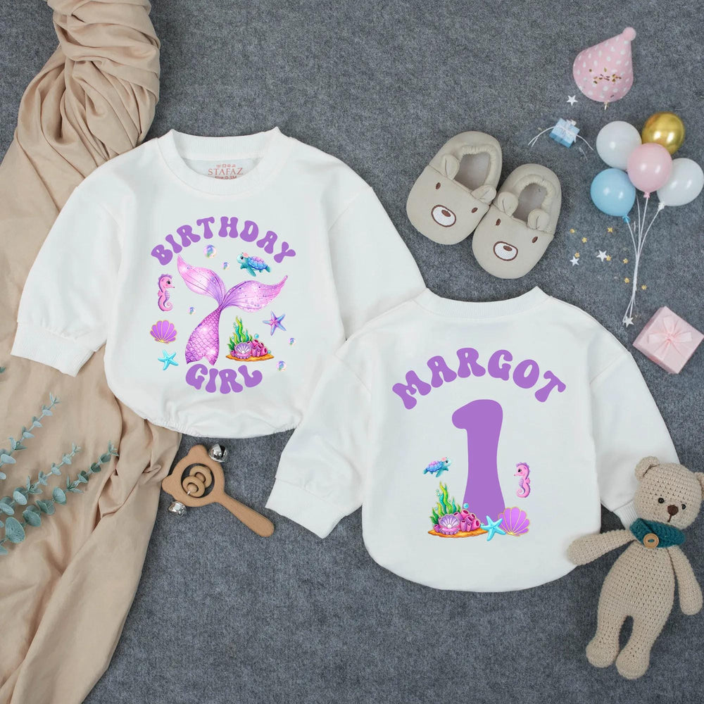 Personalized Mermaid Birthday Girl Romper with Glittery Purple Tail First Birthday Outfit Baby Toddler Ocean Theme Party Clothes