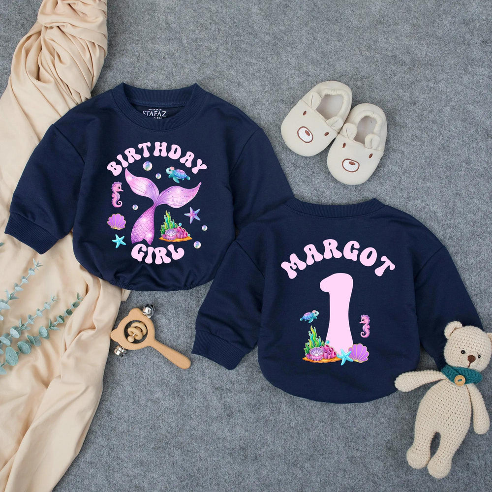 Personalized Mermaid Birthday Girl Romper with Glittery Purple Tail First Birthday Outfit Baby Toddler Ocean Theme Party Clothes