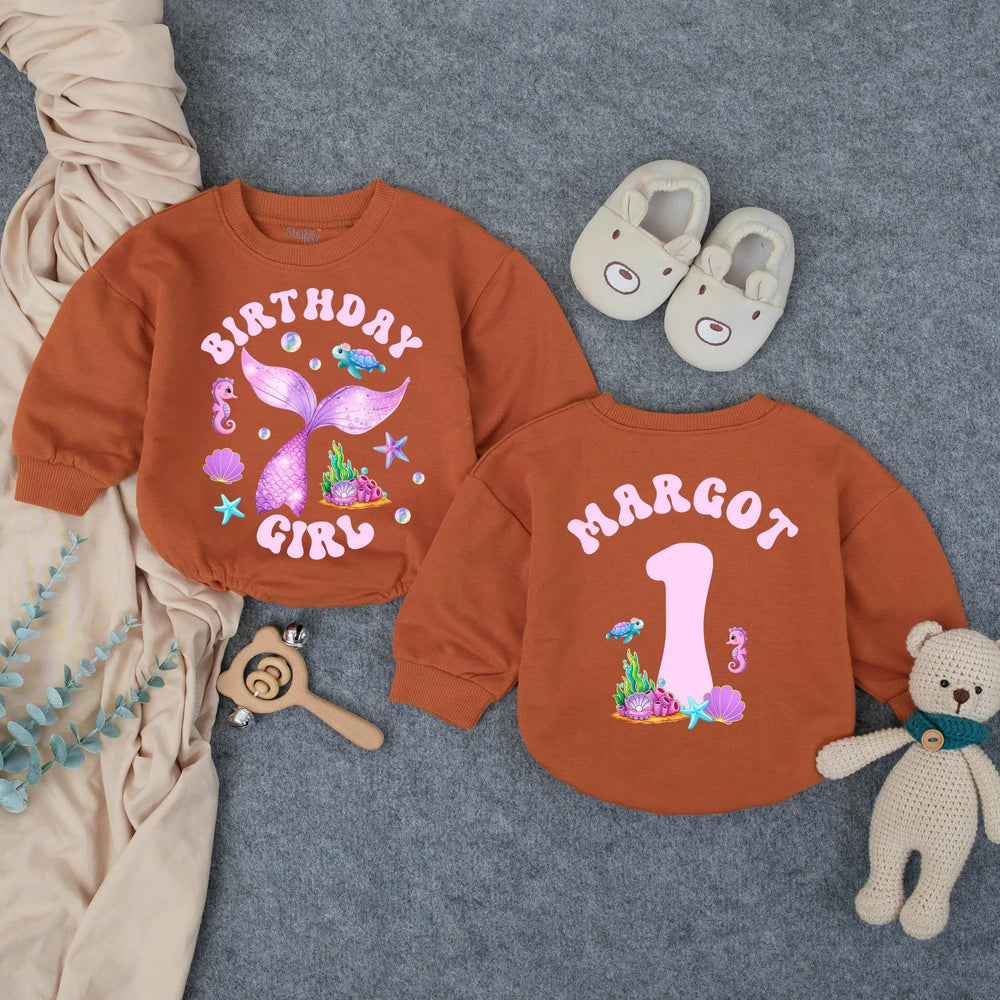 Personalized Mermaid Birthday Girl Romper with Glittery Purple Tail First Birthday Outfit Baby Toddler Ocean Theme Party Clothes