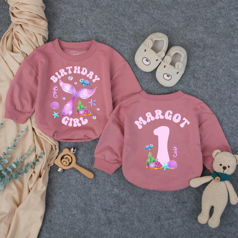 Personalized Mermaid Birthday Girl Romper with Glittery Purple Tail First Birthday Outfit Baby Toddler Ocean Theme Party Clothes