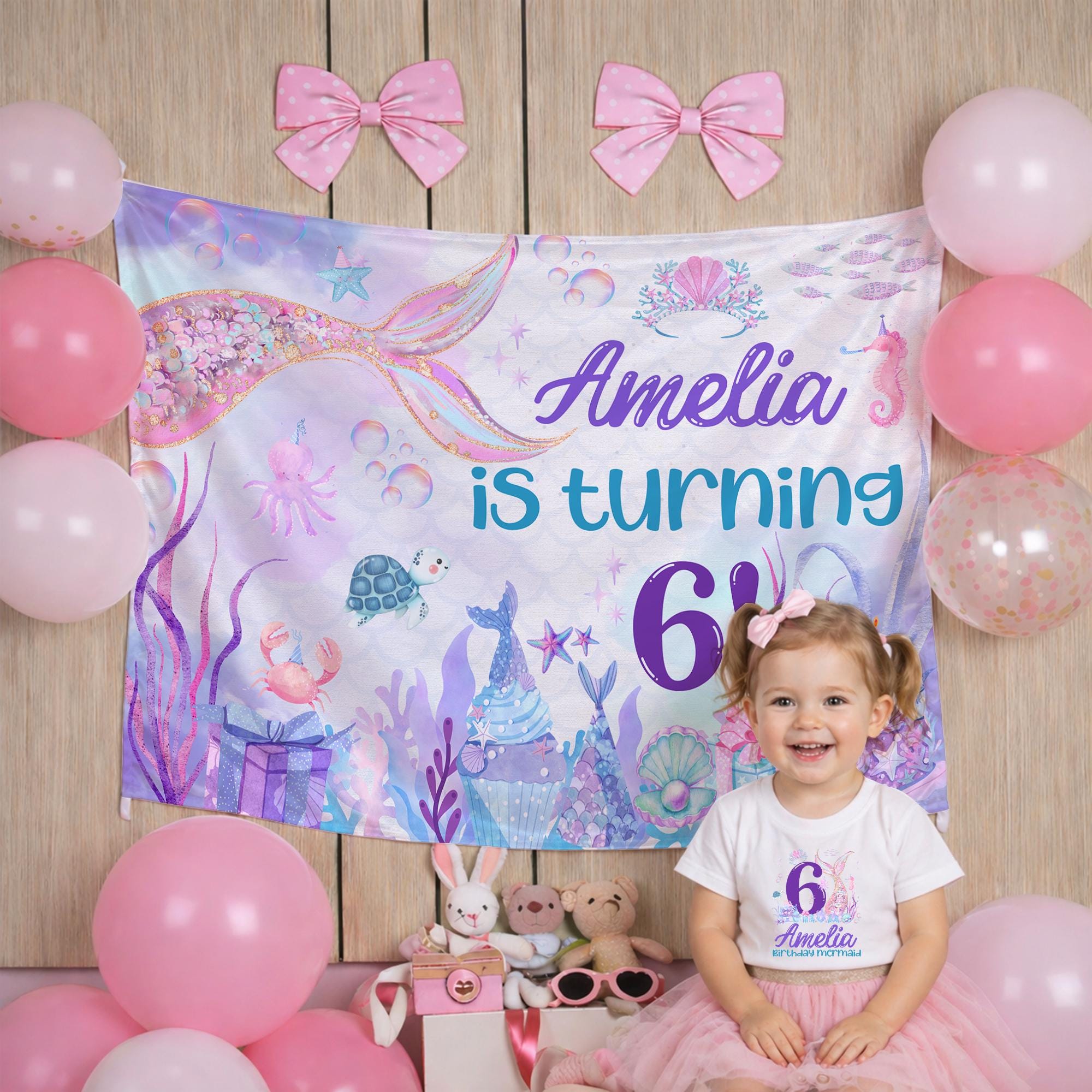 Personalized Mermaid Birthday Outfit for Girls with Custom Name and Age, Under the Sea Party Banner, Cute Purple and Glittery Design