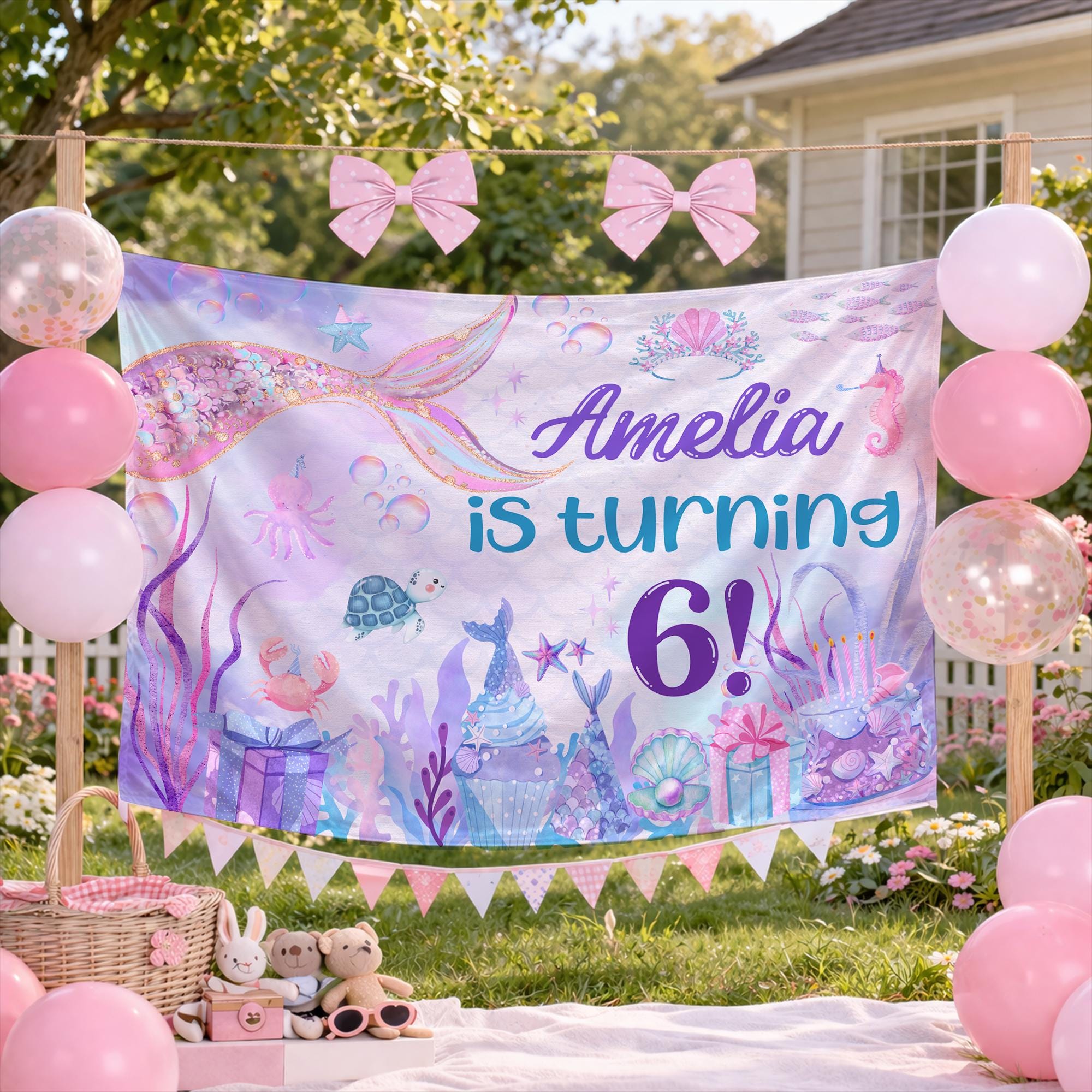 Personalized Mermaid Birthday Outfit for Girls with Custom Name and Age, Under the Sea Party Banner, Cute Purple and Glittery Design