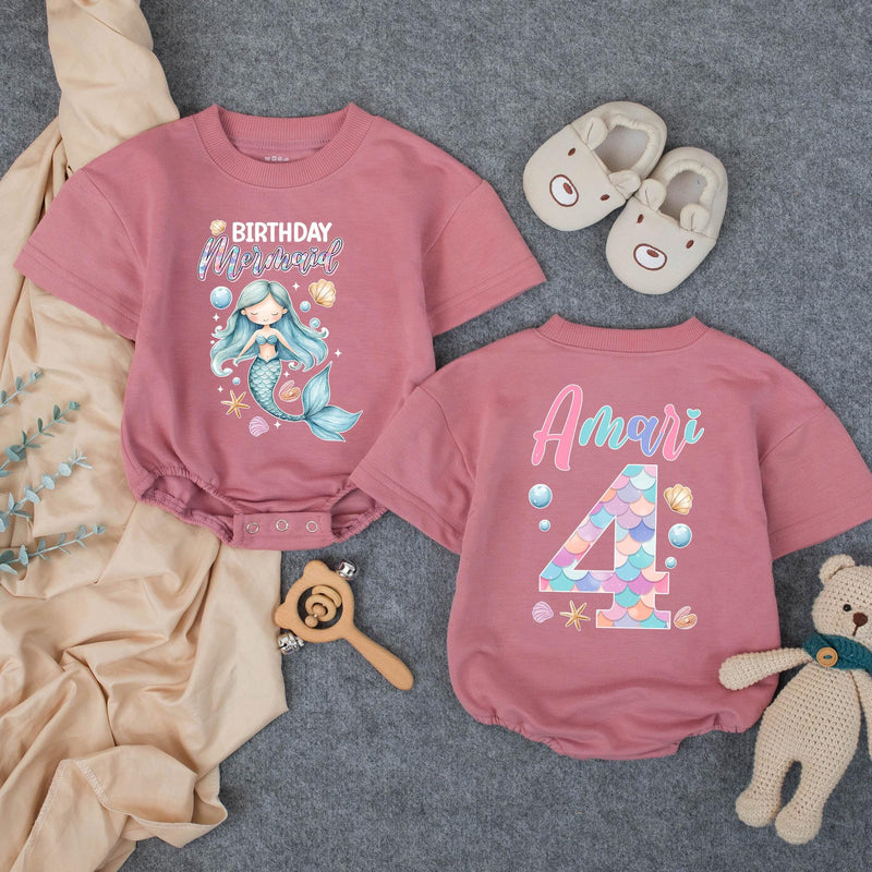 Personalized Mermaid Birthday Romper for Kids, Custom Name and Age, Soft Cotton Bubble Outfit, Matching Family Under the Sea Theme
