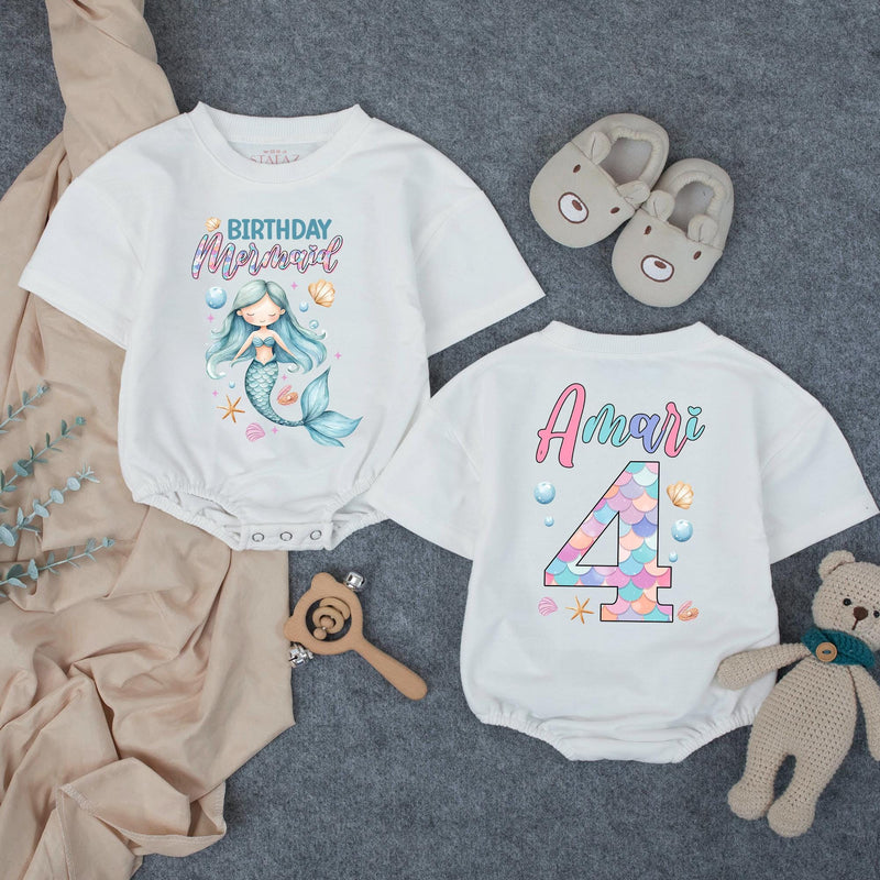 Personalized Mermaid Birthday Romper for Kids, Custom Name and Age, Soft Cotton Bubble Outfit, Matching Family Under the Sea Theme