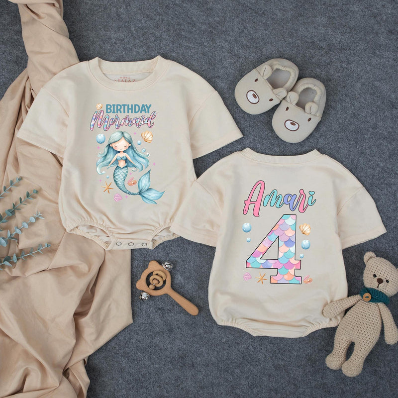 Personalized Mermaid Birthday Romper for Kids, Custom Name and Age, Soft Cotton Bubble Outfit, Matching Family Under the Sea Theme