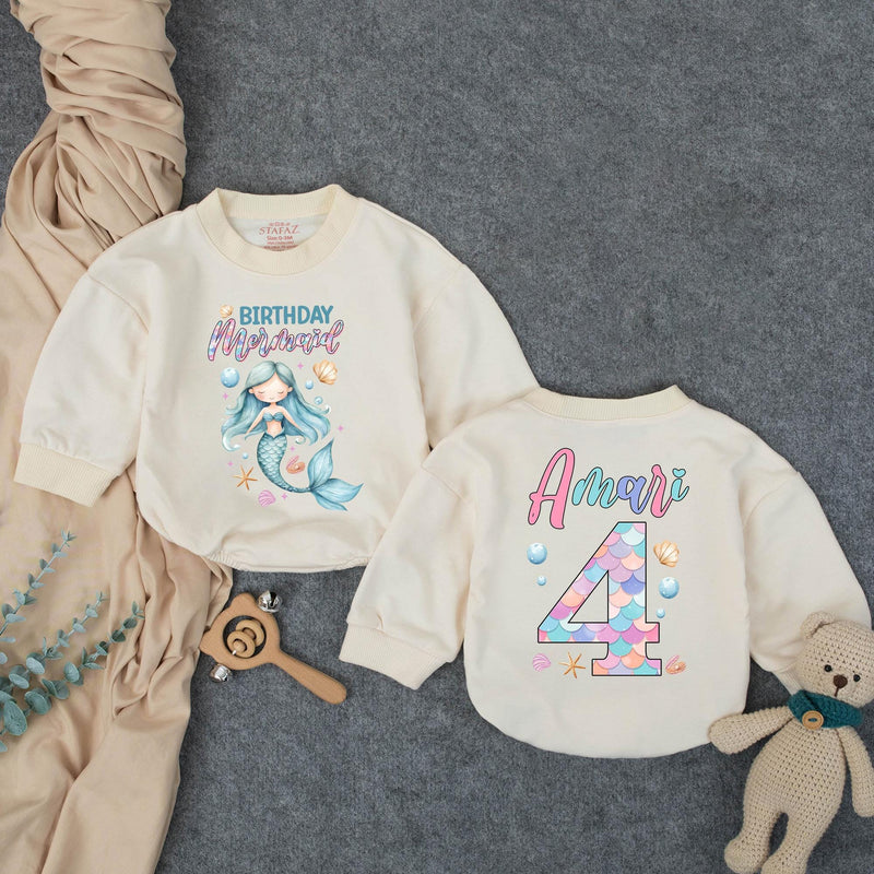 Personalized Mermaid Birthday Romper for Kids, Custom Name and Age, Soft Cotton Bubble Outfit, Matching Family Under the Sea Theme