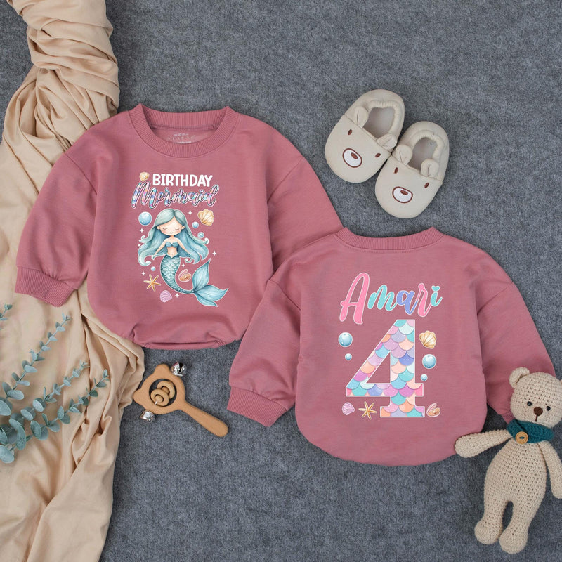 Personalized Mermaid Birthday Romper for Kids, Custom Name and Age, Soft Cotton Bubble Outfit, Matching Family Under the Sea Theme