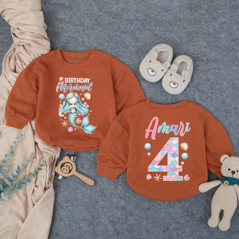 Personalized Mermaid Birthday Romper for Kids, Custom Name and Age, Soft Cotton Bubble Outfit, Matching Family Under the Sea Theme