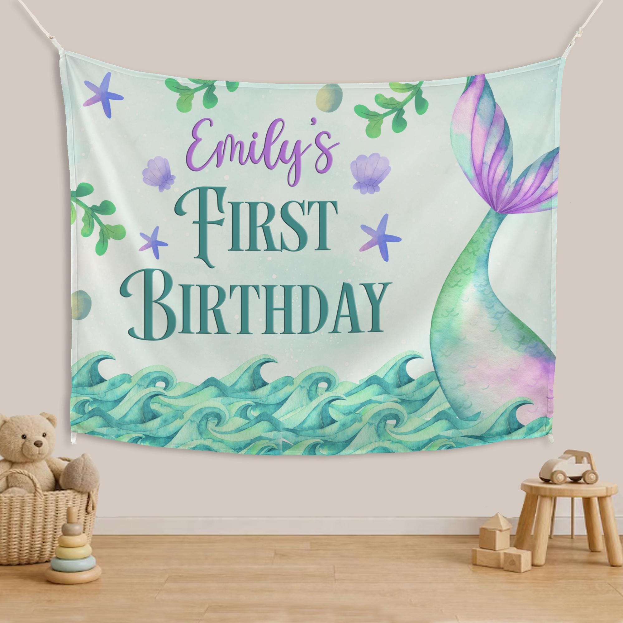 Personalized Mermaid First Birthday Banner with Emily’s Name Under the Sea Party Decor Iridescent Tail Ocean Princess Backdrop for Girls