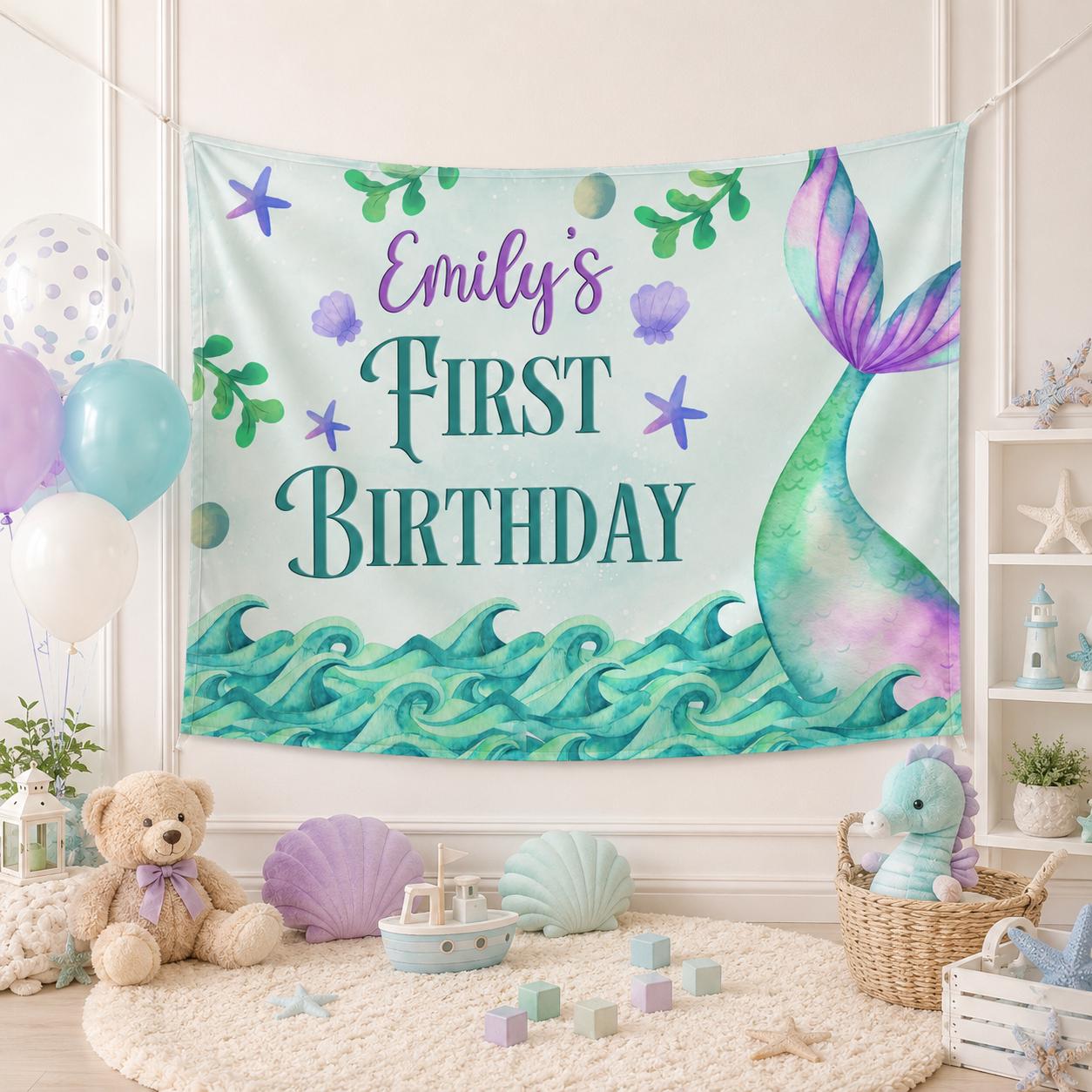 Personalized Mermaid First Birthday Banner with Emily’s Name Under the Sea Party Decor Iridescent Tail Ocean Princess Backdrop for Girls