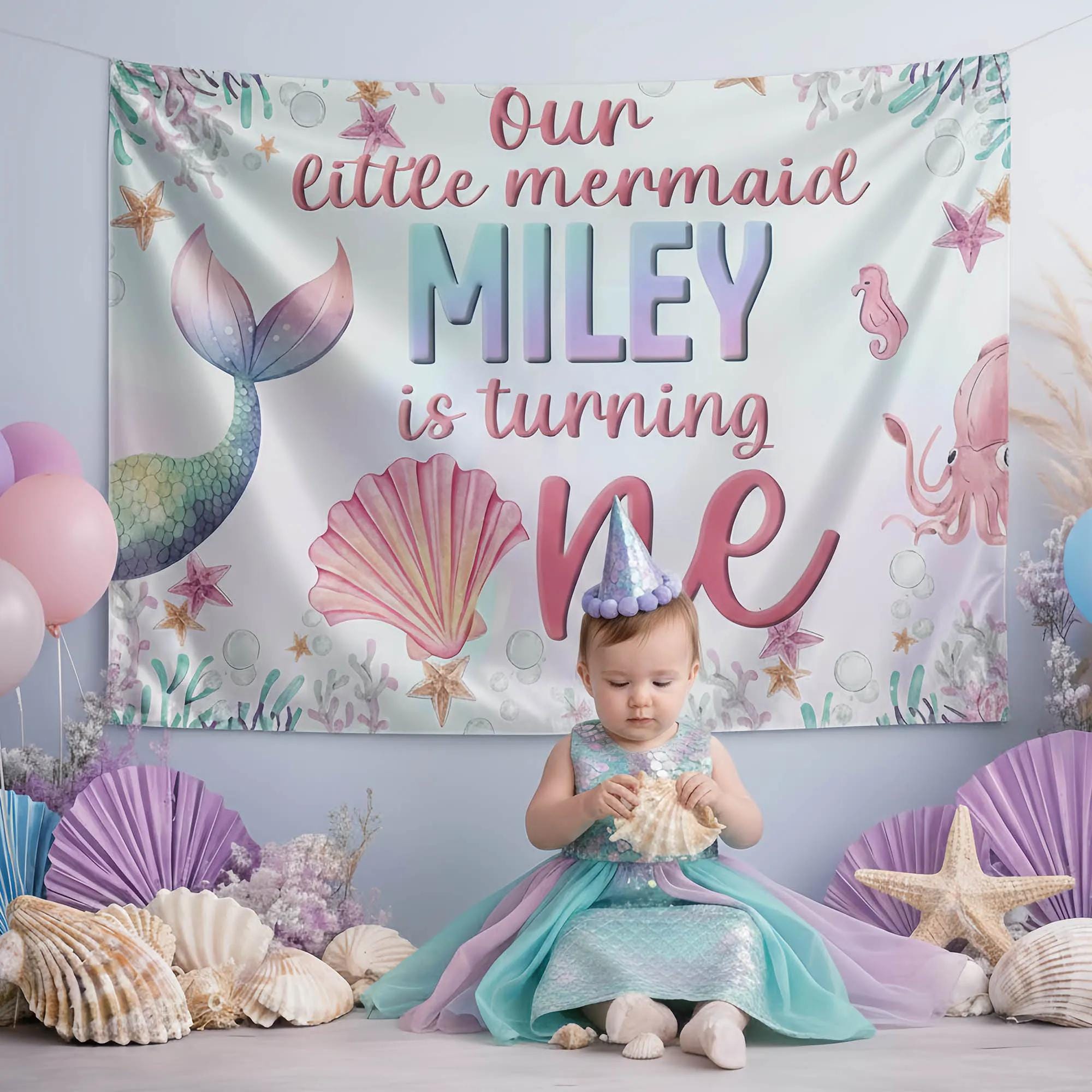 Personalized Mermaid First Birthday Banner Under the Sea Backdrop for Baby Girl Party Iridescent Scales Custom Name Decoration