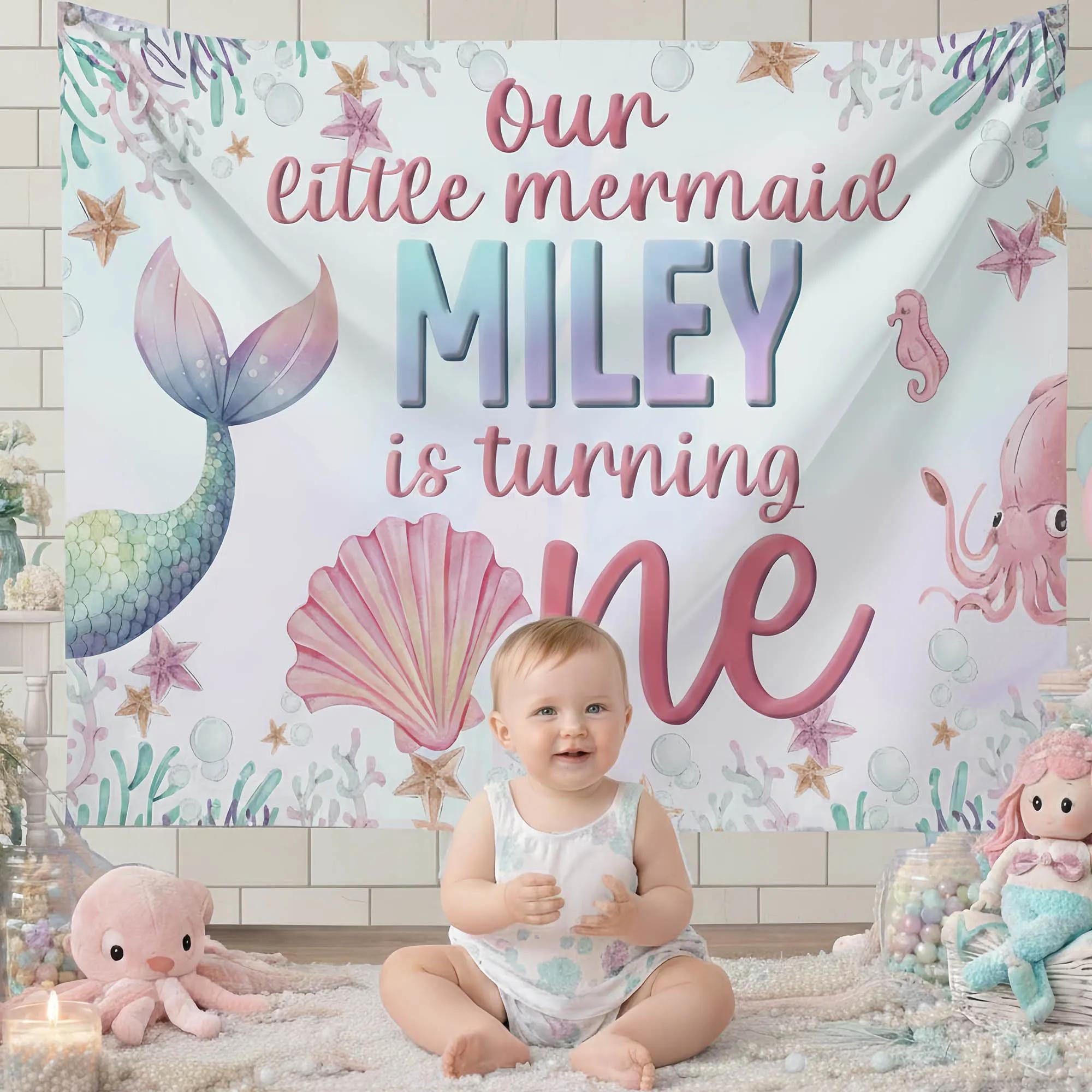 Personalized Mermaid First Birthday Banner Under the Sea Backdrop for Baby Girl Party Iridescent Scales Custom Name Decoration