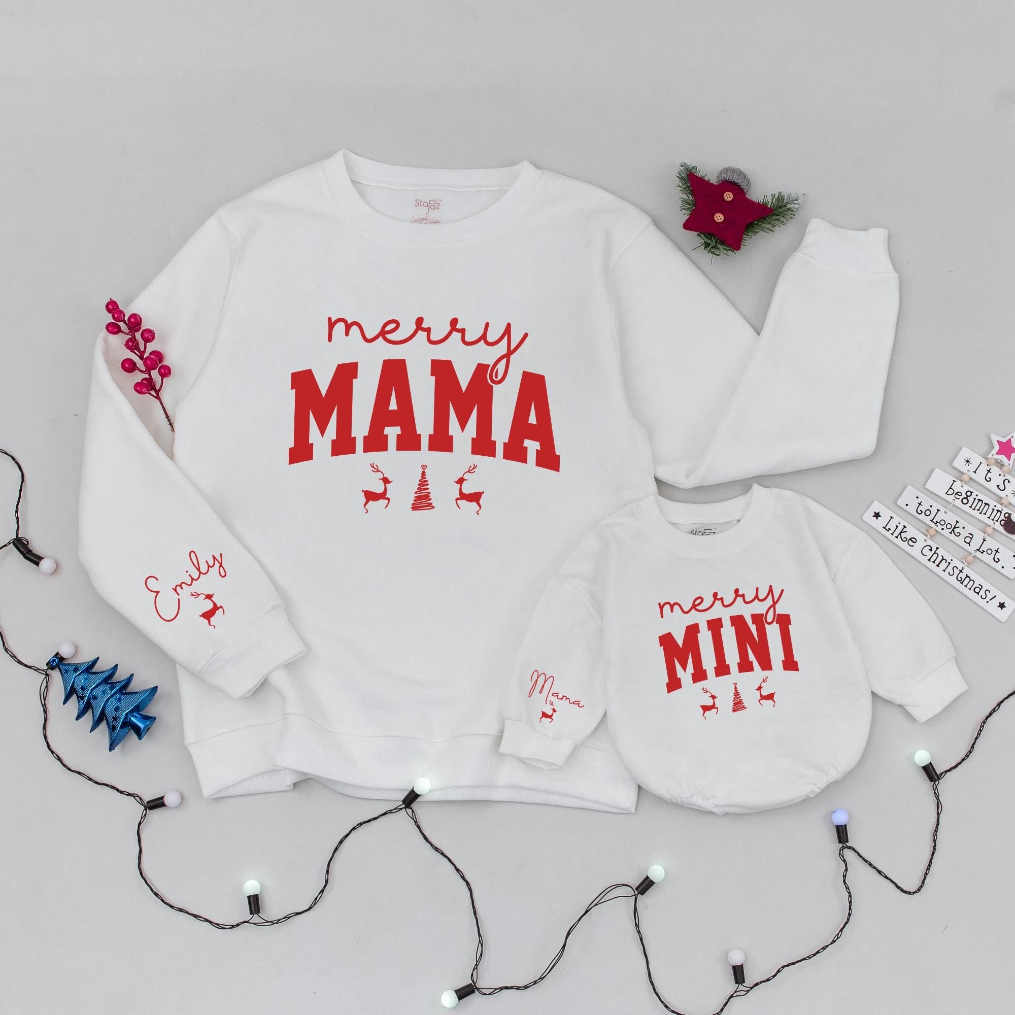 Personalized Merry Mama and Mini Matching Sweaters Red Christmas Tree Reindeer Graphic Family Outfit Soft Cotton Holiday Baby Toddler Gift