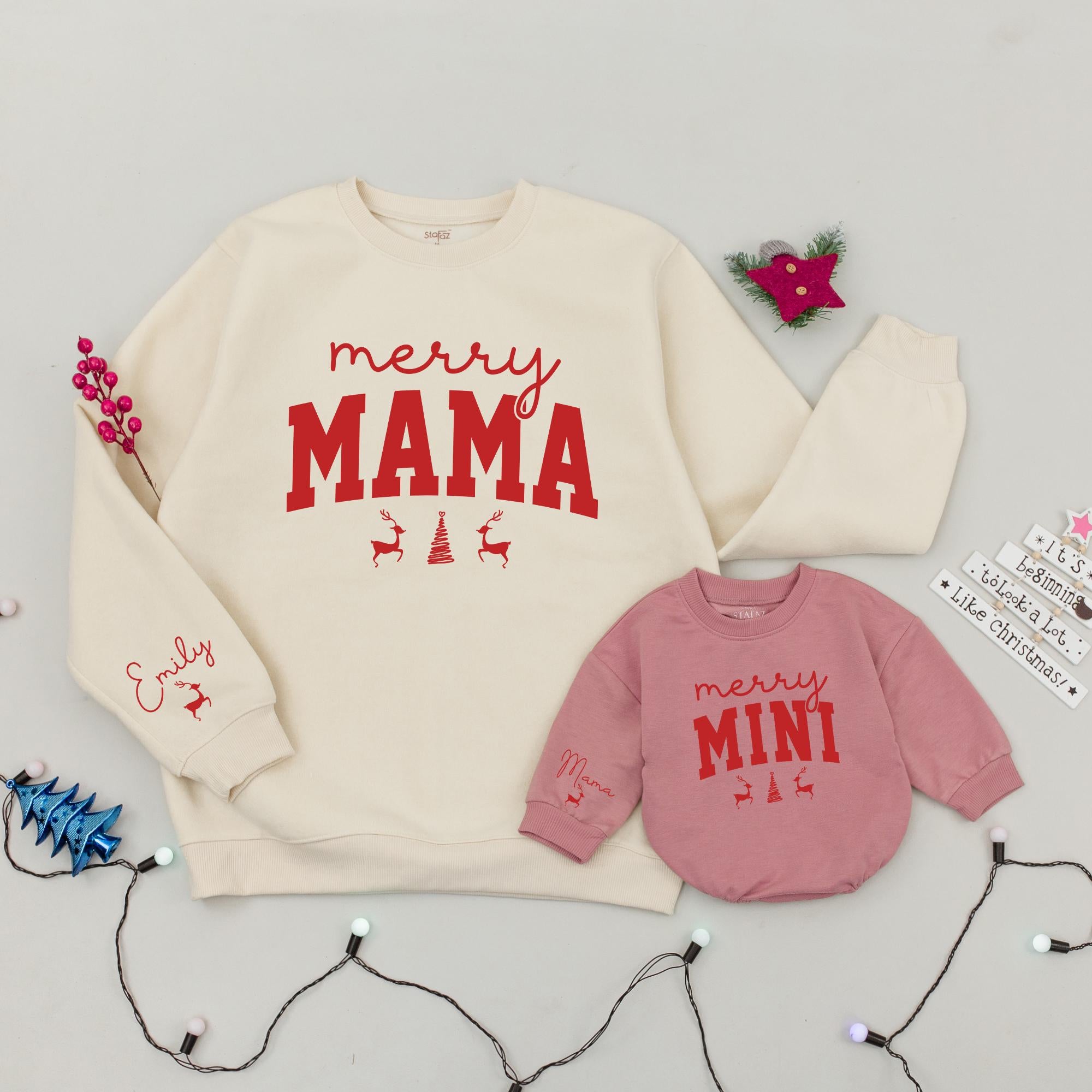Personalized Merry Mama and Mini Matching Sweaters Red Christmas Tree Reindeer Graphic Family Outfit Soft Cotton Holiday Baby Toddler Gift
