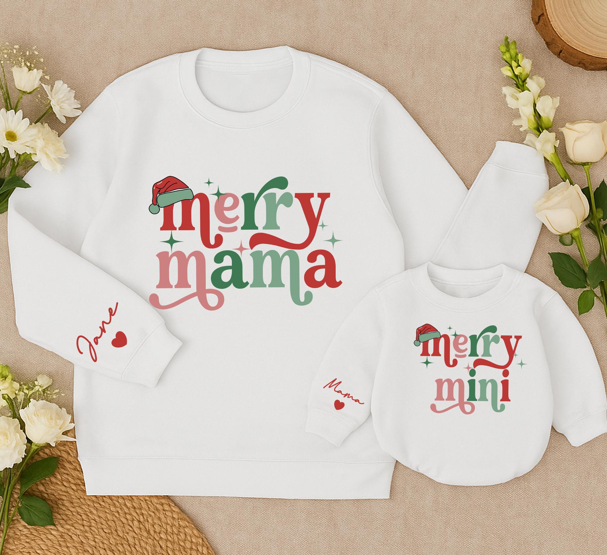 Personalized Merry Mama and Mini Matching Sweatshirts Christmas Family Outfit Custom Names Festive Red Green Santa Hat Baby Girl Romper