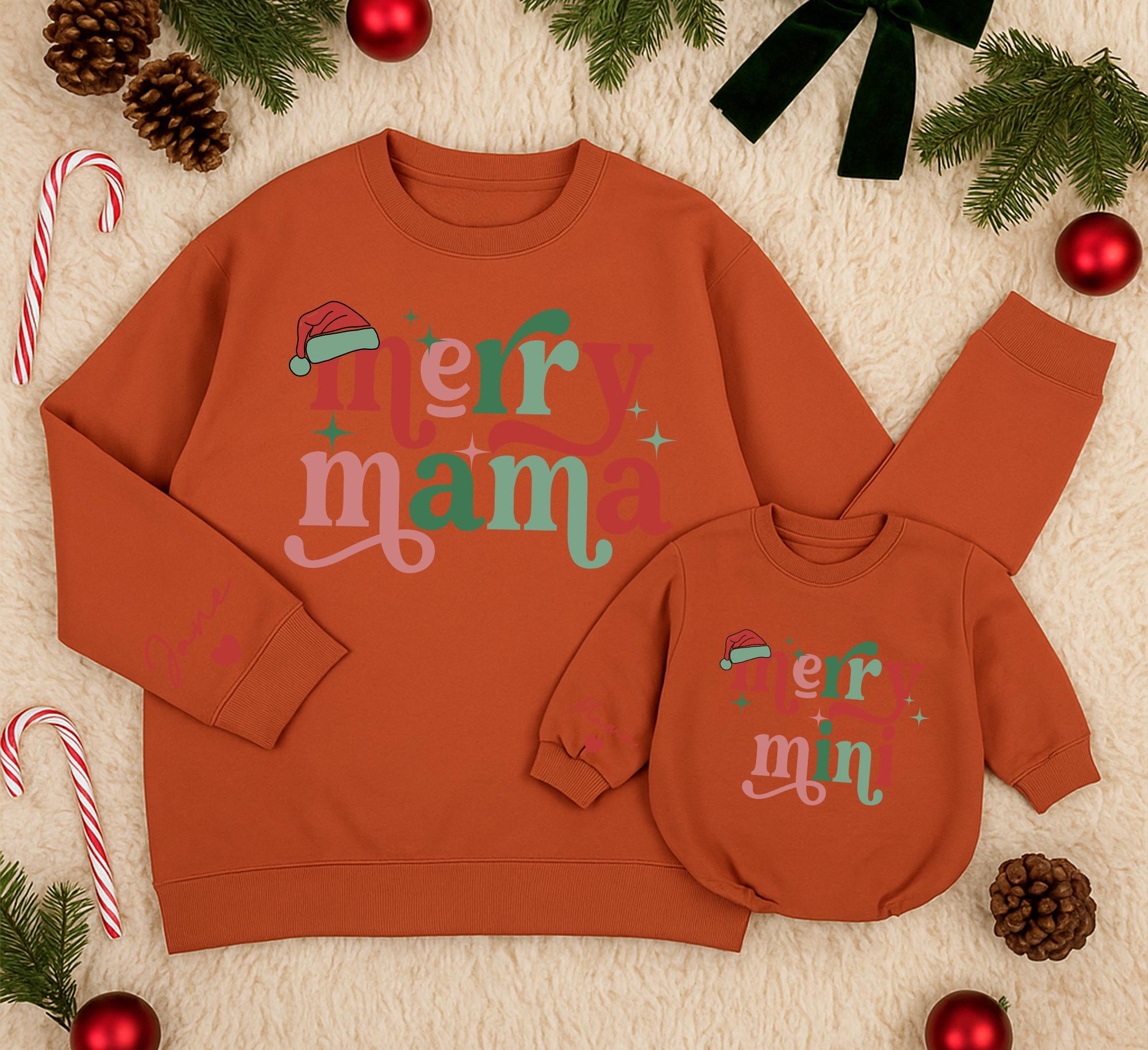 Personalized Merry Mama and Mini Matching Sweatshirts Christmas Family Outfit Custom Names Festive Red Green Santa Hat Baby Girl Romper