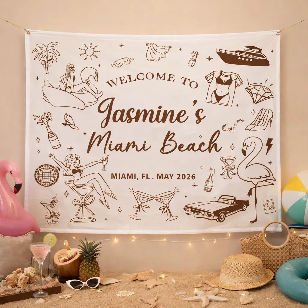 Personalized Miami Beach Bachelorette Party Banner for Girls Weekend, Custom Bride Trip Backdrop, Fun Birthday or Celebration Decor