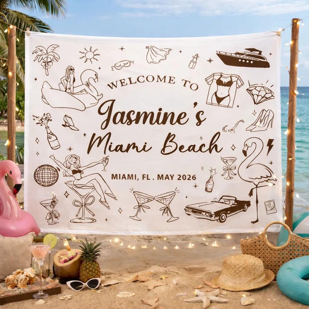 Personalized Miami Beach Bachelorette Party Banner for Girls Weekend, Custom Bride Trip Backdrop, Fun Birthday or Celebration Decor