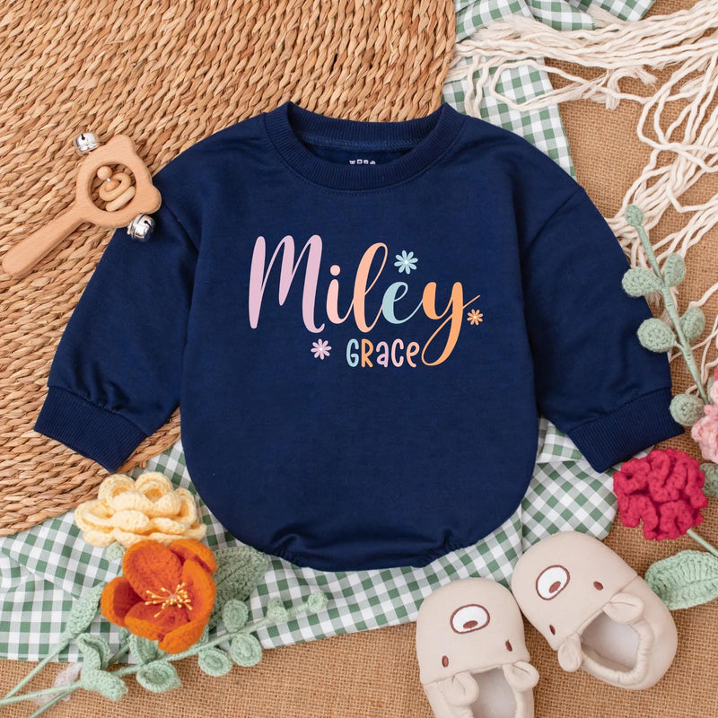 Personalized Miley Grace Baby Romper with Daisies Soft Cotton Baby Girl Outfit Pastel Pink Orange Coming Home Newborn Gift