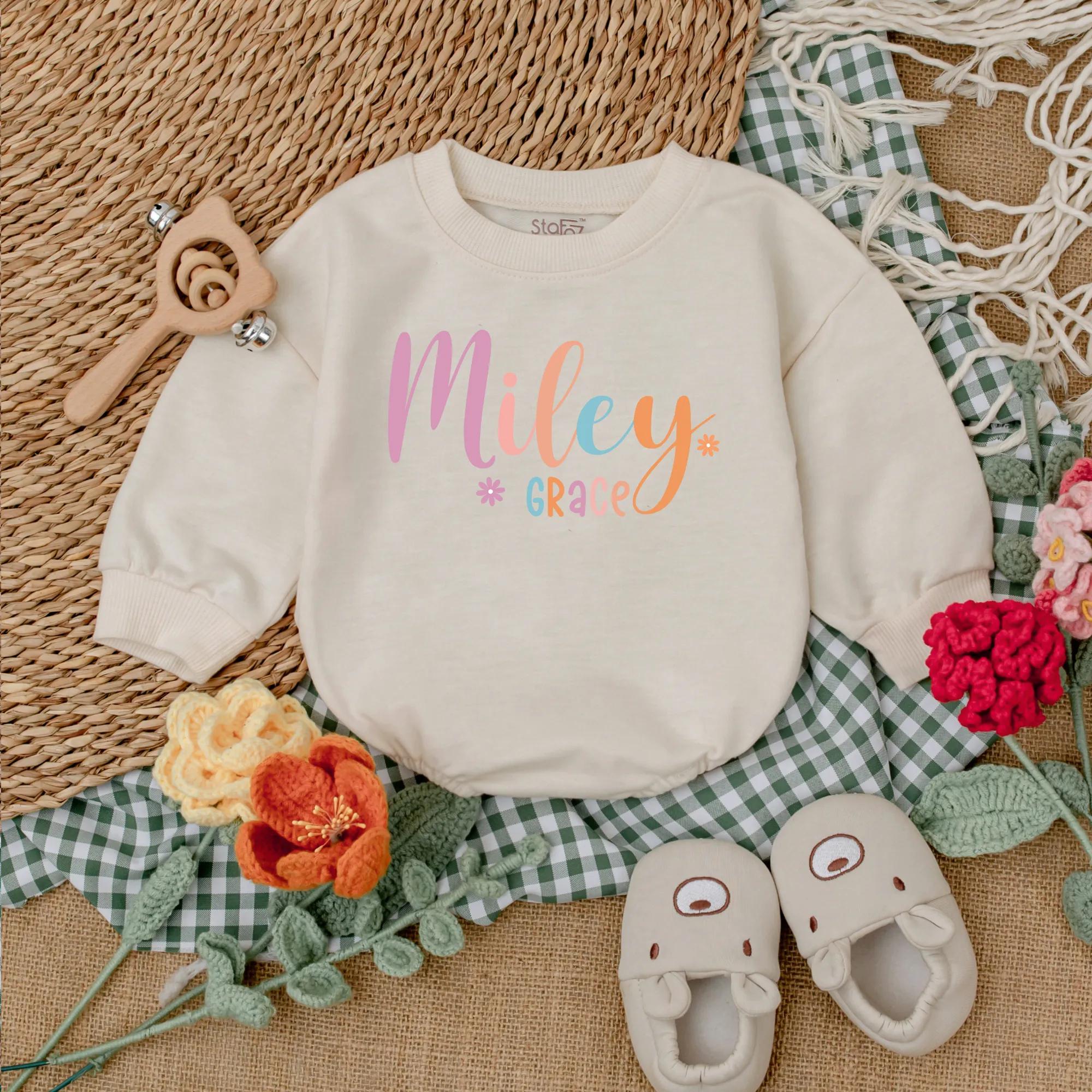 Personalized Miley Grace Baby Romper with Daisies Soft Cotton Baby Girl Outfit Pastel Pink Orange Coming Home Newborn Gift