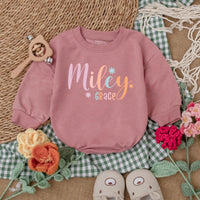 Personalized Miley Grace Baby Romper with Daisies Soft Cotton Baby Girl Outfit Pastel Pink Orange Coming Home Newborn Gift