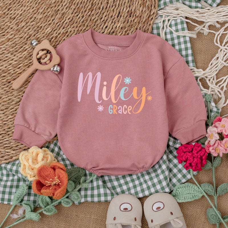 Personalized Miley Grace Baby Romper with Daisies Soft Cotton Baby Girl Outfit Pastel Pink Orange Coming Home Newborn Gift