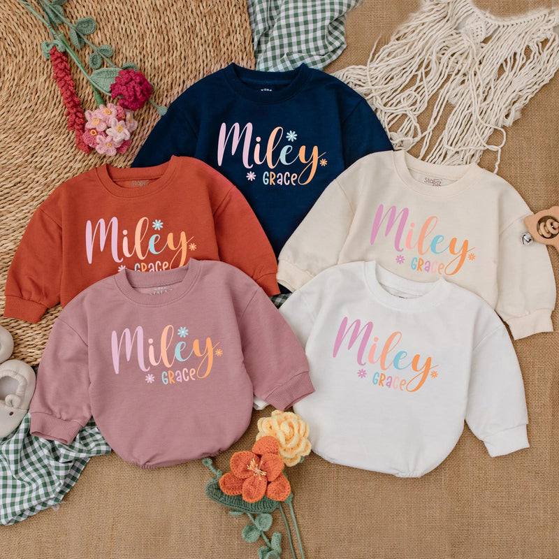 Personalized Miley Grace Baby Romper with Daisies Soft Cotton Baby Girl Outfit Pastel Pink Orange Coming Home Newborn Gift