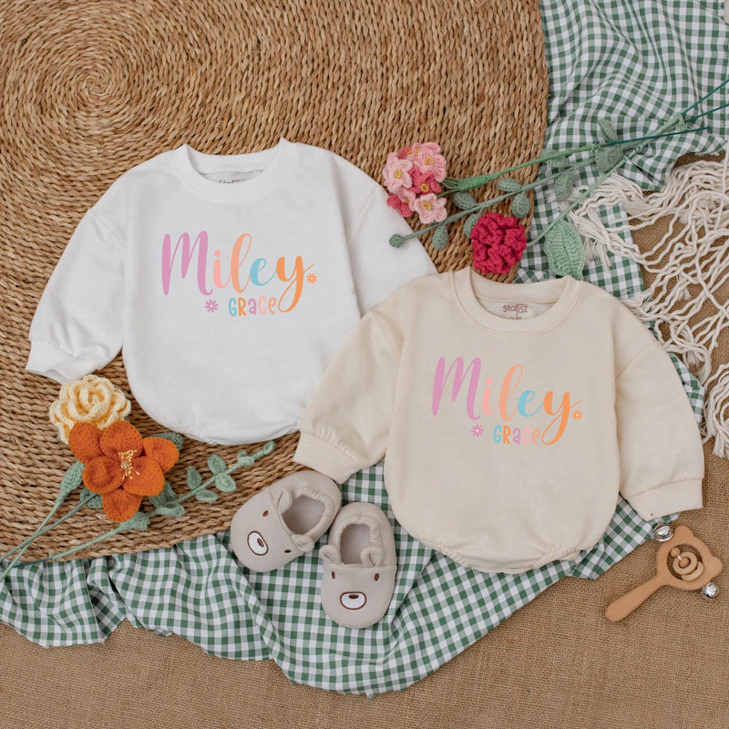 Personalized Miley Grace Baby Romper with Daisies Soft Cotton Baby Girl Outfit Pastel Pink Orange Coming Home Newborn Gift