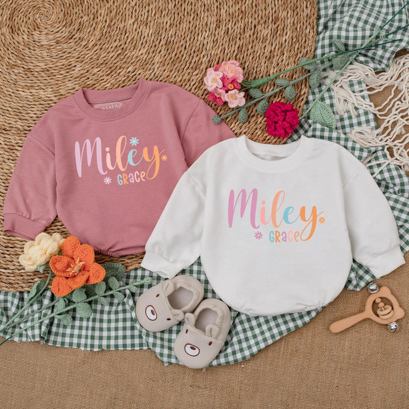 Personalized Miley Grace Baby Romper with Daisies Soft Cotton Baby Girl Outfit Pastel Pink Orange Coming Home Newborn Gift